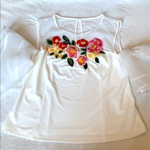 NWOT Mesh Puff Off Shoulder Embroidered Floral Blouse